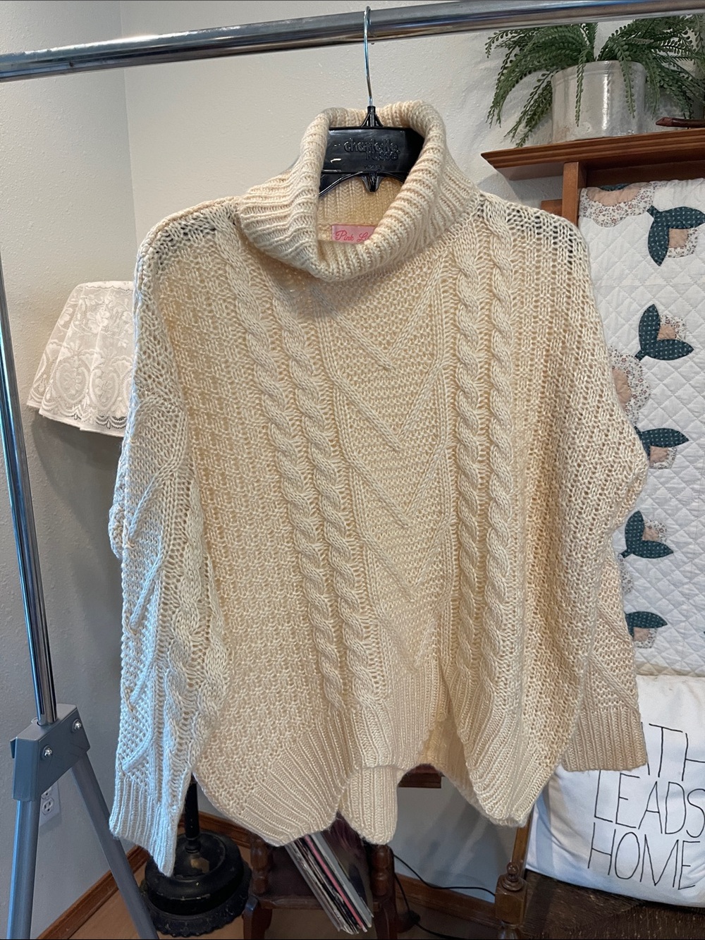 Pink Lily Cream Cable Turtleneck Sweater